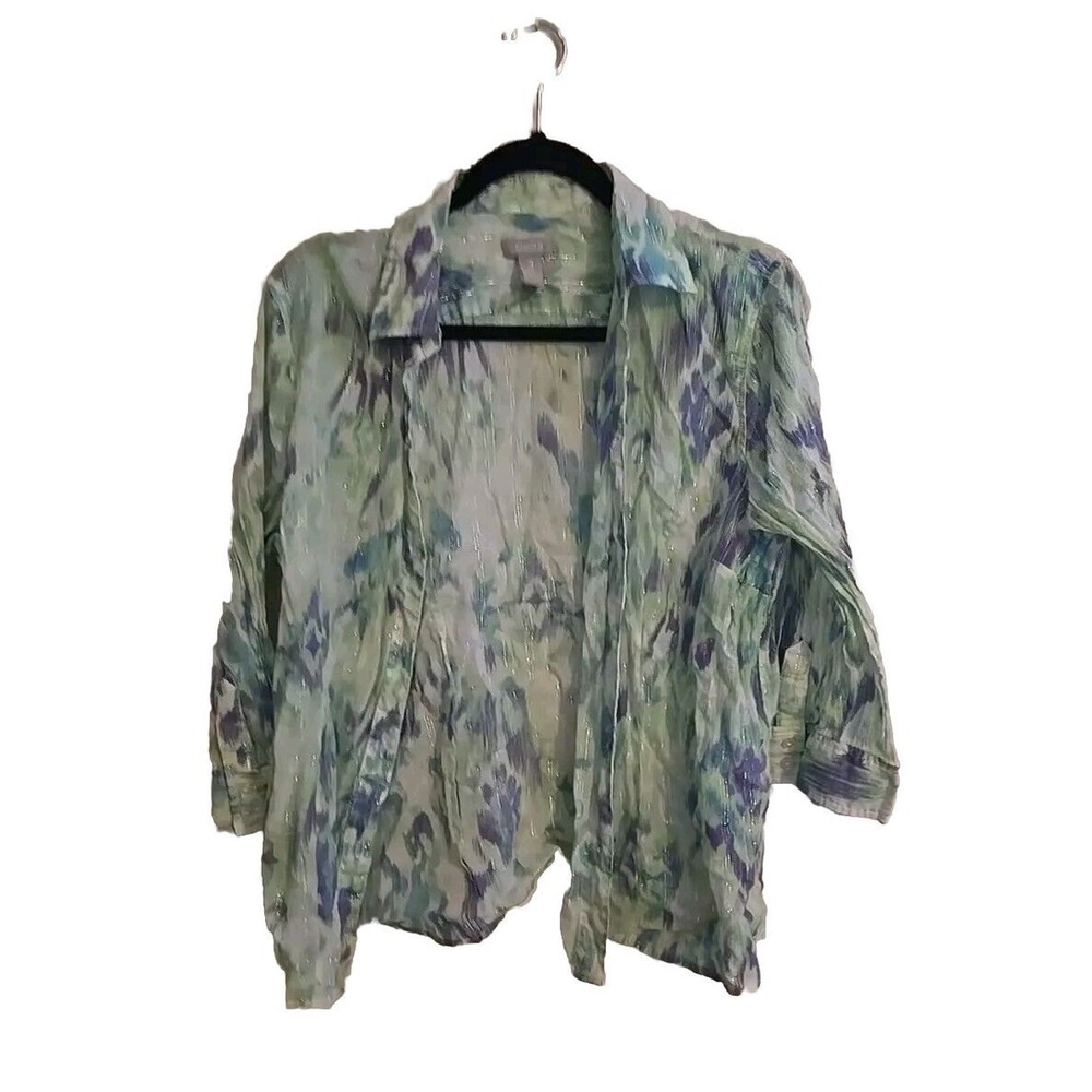 Chico's Green Tie Dye Metallic Button Front 3/4 Sleeve Casual Top Womens Sz 3/XL